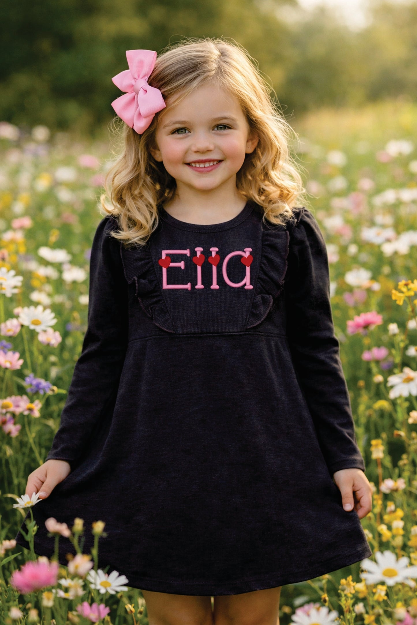 Toddler Girls Charcoal Dress with Ruffle - EMBROIDERED with NAME